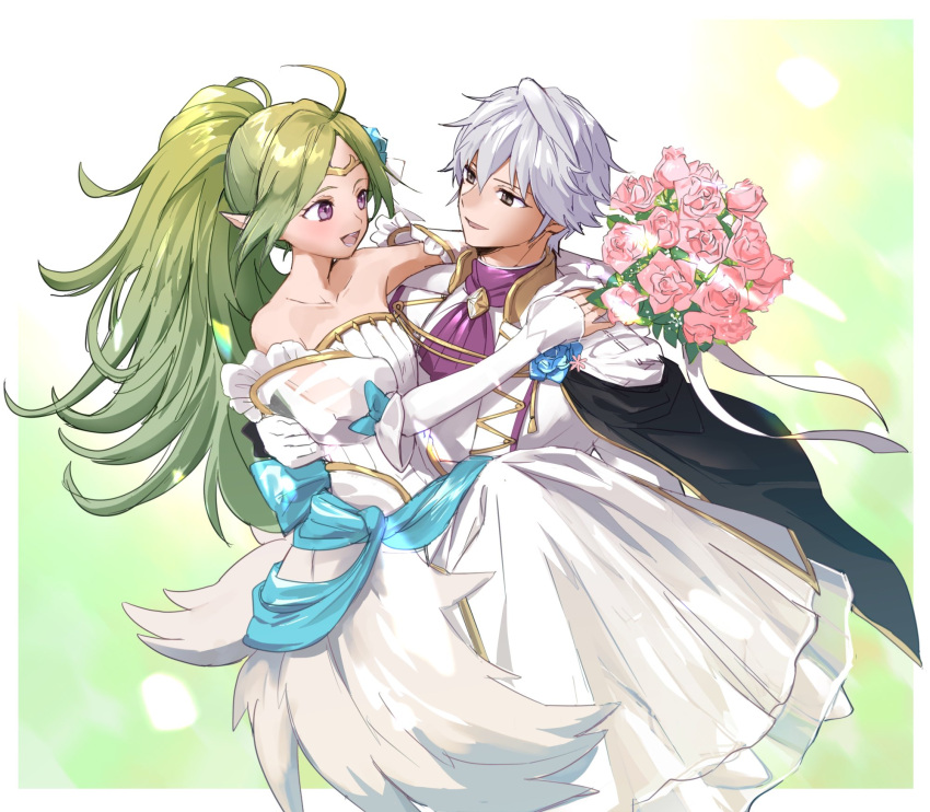 1boy, 1girl, :d, ahoge, alternate_costume, arm_around_neck, ascot, bare_shoulders, blue_flower, blue_ribbon, blue_rose, blue_sash, bouquet, breasts, bride, brown_eyes, carrying, coat, couple, dress, elbow_gloves, fingerless_gloves, fire_emblem, fire_emblem_awakening, fire_emblem_heroes, flower, formal_clothes, gloves, green_background, green_hair, groom, hair_flower, hair_ornament, hetero, high_ponytail, highres, long_hair, looking_at_another, minorudonguri, nowi_(fire_emblem), official_alternate_costume, parted_bangs, pink_flower, pointy_ears, princess_carry, purple_ascot, ribbon, robin_(fire_emblem), robin_(male)_(fire_emblem), robin_(male)_(groom)_(fire_emblem), rose, sash, short_hair, sidelocks, small_breasts, smile, strapless, strapless_dress, suit, violet_eyes, wedding, wedding_dress, white_coat, white_footwear, white_hair, white_suit
