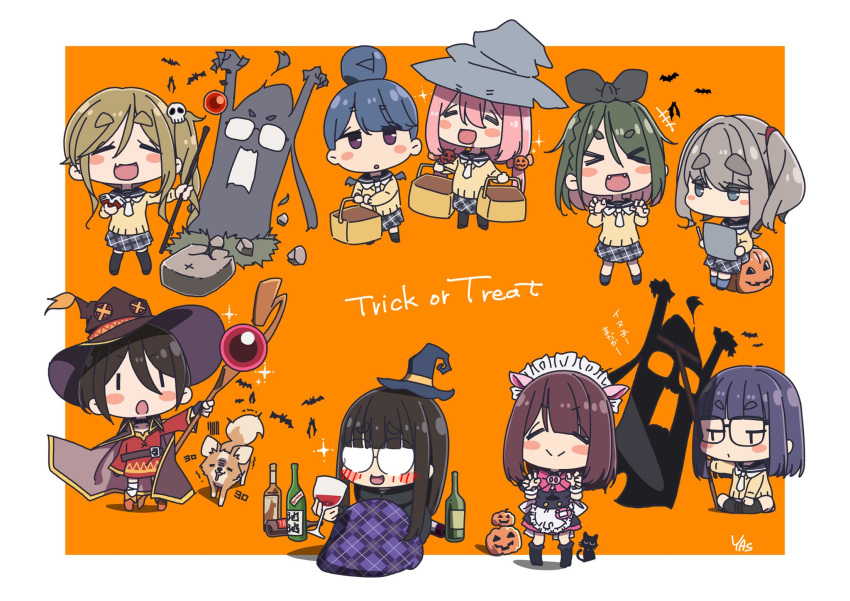 6+girls, bandaged_leg, bandages, belt, black_hair, black_thighhighs, blue_hair, blush