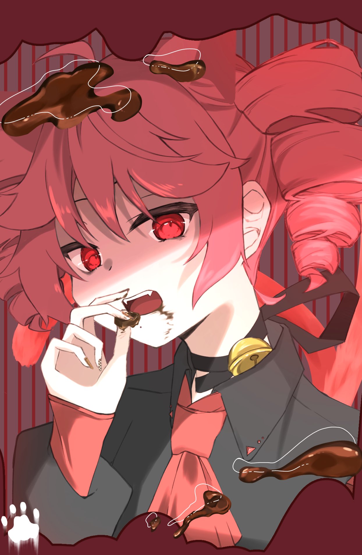 1girl, ahoge, alternate_costume, bell, brown_background, chocolate, chocolate_on_head, choker