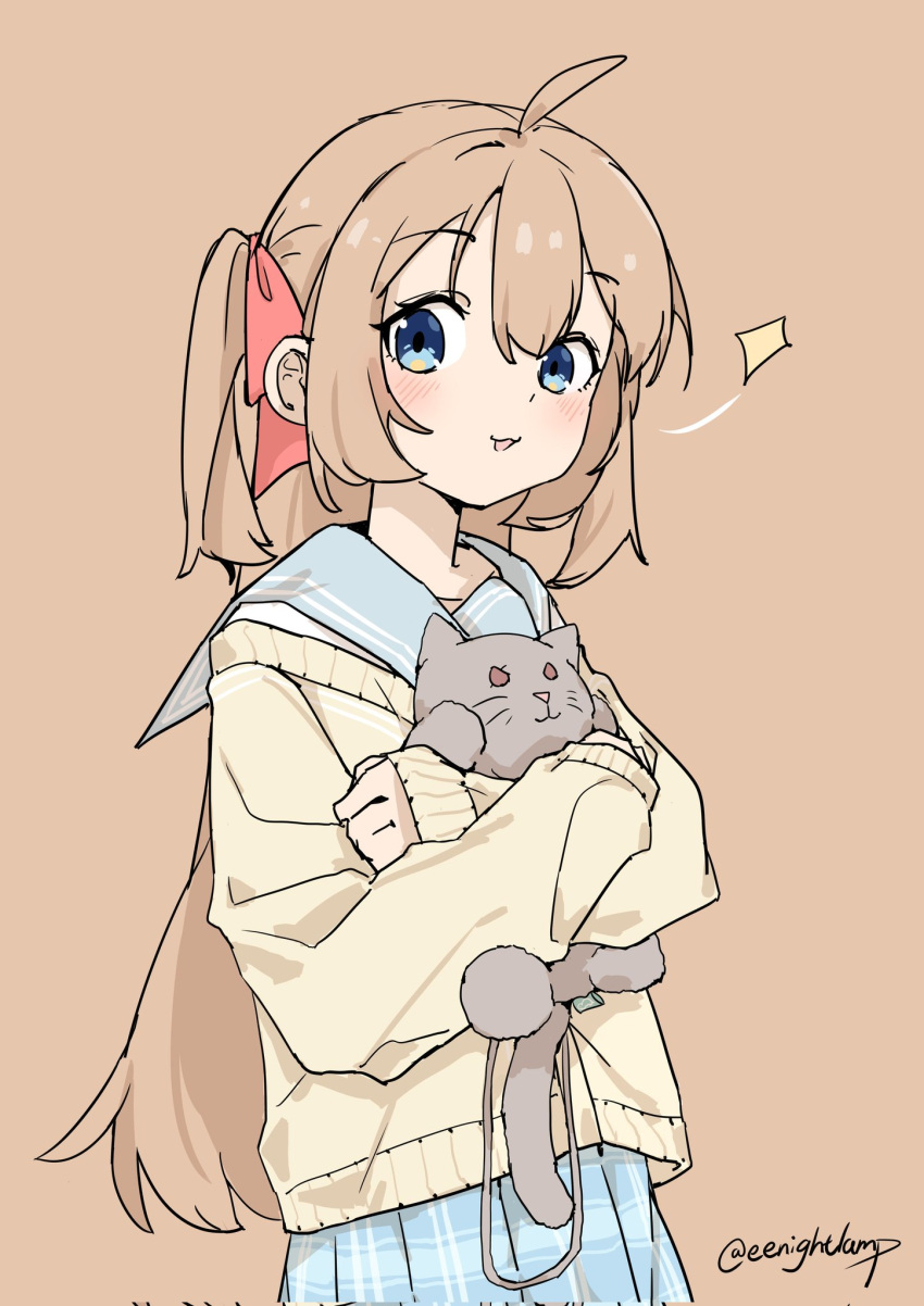 1girl, :3, ahoge, animal, blue_eyes, blue_skirt, blush, cardigan