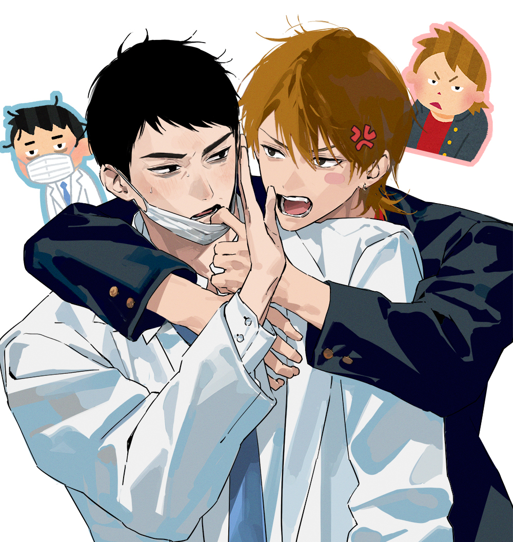 2boys, angry, arm_up, arms_around_neck, bags_under_eyes, black_coat, black_hair, blue_necktie