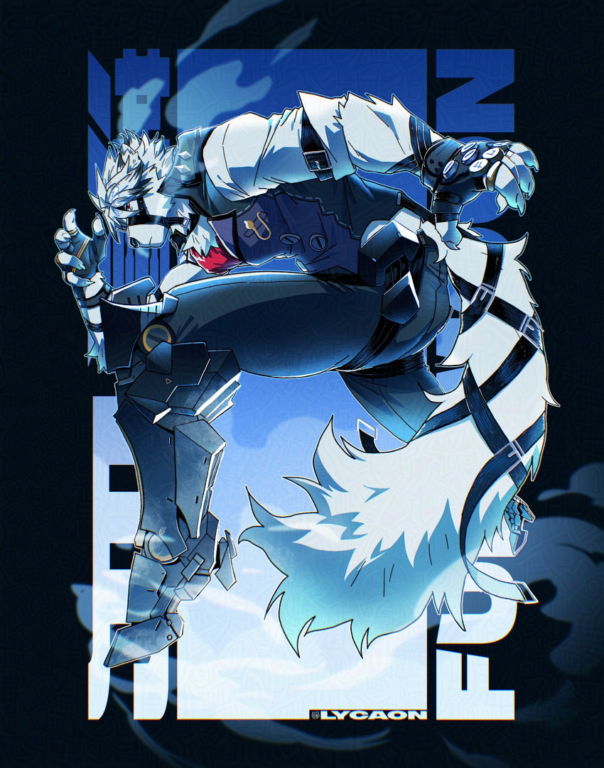1boy, animal_ears, ascot, bicep_strap, black_gloves, character_name, claws, colored_tips, english_commentary, fingerless_gloves, furry, furry_male, gamubear, gloves, grey_pants, grey_vest, highres, looking_at_viewer, male_focus, mixed-language_text, multicolored_hair, pants, profile, prosthesis, prosthetic_leg, red_ascot, red_eyes, sleeves_rolled_up, tail, tail_belt, vest, von_lycaon, wolf_boy, wolf_ears, wolf_tail, zenless_zone_zero
