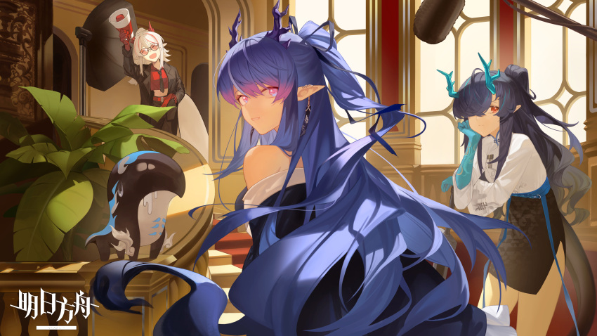 3girls, 9_vcat, absurdres, ambience_synesthesia, aqua_horns, arknights, bare_shoulders, belt