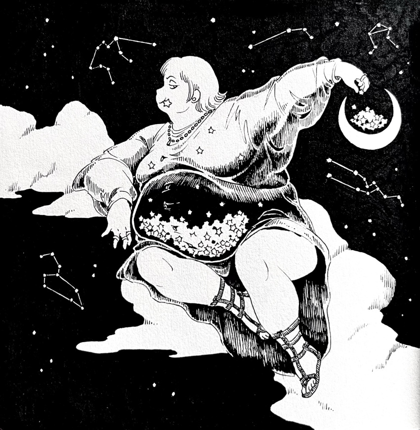 1girl, aquarius_(constellation), aries_(constellation), commentary, constellation, crescent_moon, dress, earrings, eating, english_commentary, fat, fleebites, greyscale, high-low_skirt, high_contrast, highres, inktober, jewelry, leaning_to_the_side, leo_(constellation), libra_(constellation), long_sleeves, monochrome, moon, multiple_rings, necklace, night, night_sky, obese, on_cloud, original, profile, ring, sandals, see-through_body, see-through_clothes, see-through_sleeves, short_hair, sitting, sky, smile, solo, star_(sky), starry_sky, stomach, taurus_(constellation), traditional_media