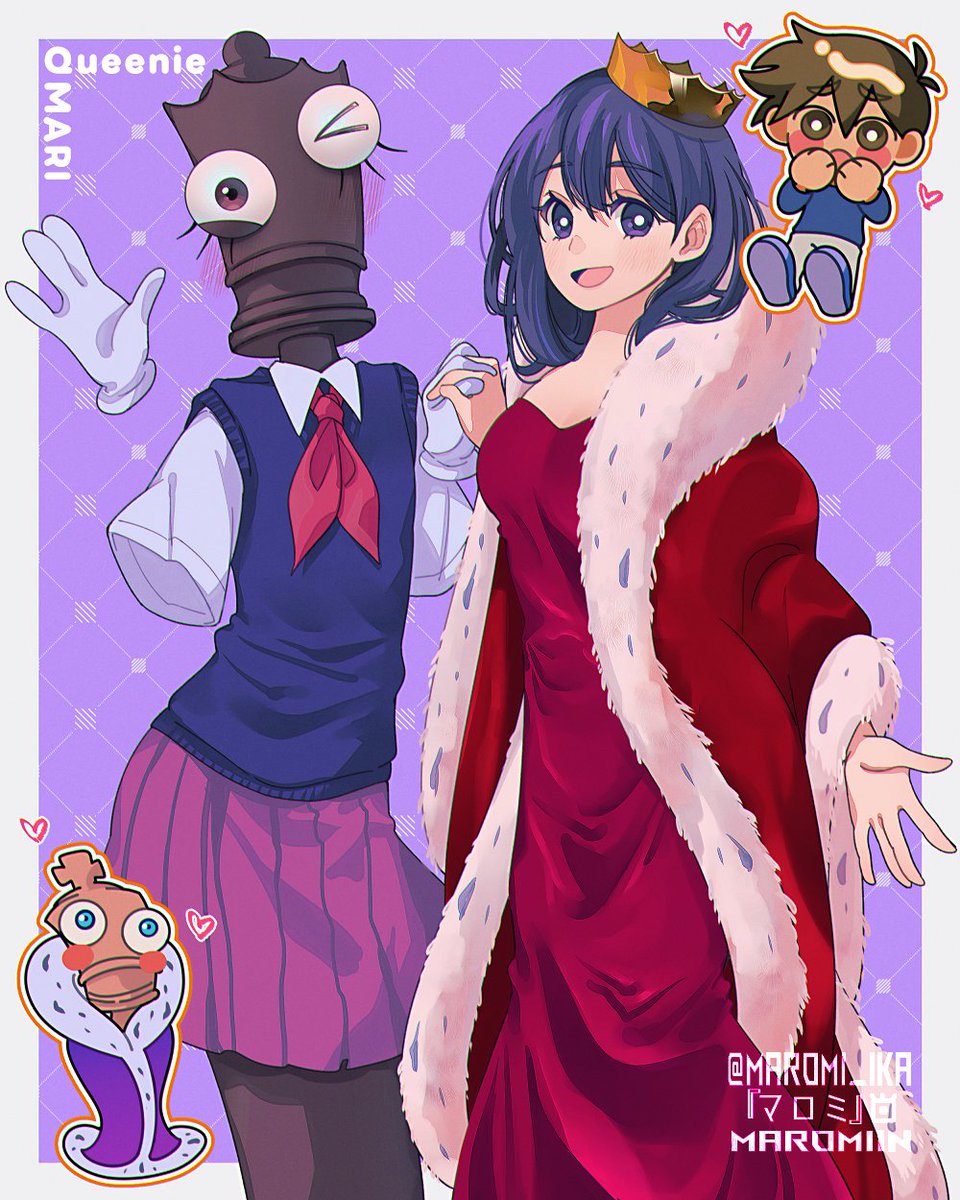 >_o, 2boys, 2girls, black_eyes, black_hair, black_sweater_vest, blue_eyes, blue_sweater, bright_pupils, brown_eyes, brown_hair, character_name, chibi, collared_shirt, cosplay, costume_switch, dress, gloves, hero_(faraway)_(omori), hero_(omori), highres, kinger_(the_amazing_digital_circus), long_hair, long_sleeves, looking_at_viewer, mari_(faraway)_(omori), mari_(omori), maromichan, multiple_boys, multiple_girls, neckerchief, omori, one_eye_closed, open_mouth, pleated_skirt, queenie_(the_amazing_digital_circus), red_dress, red_neckerchief, red_skirt, shirt, short_hair, short_sleeves, skirt, smile, sweater, sweater_vest, the_amazing_digital_circus, twitter_username, white_gloves, white_pupils, white_shirt