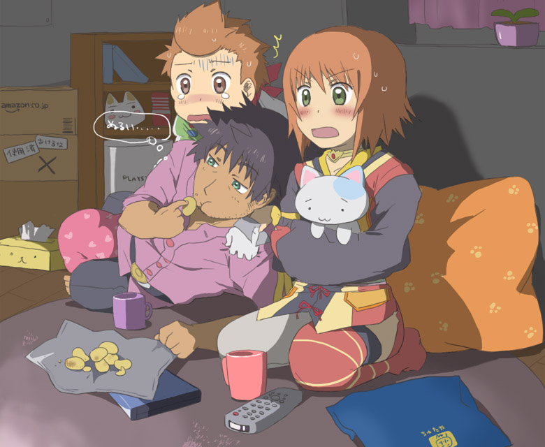 2boys, black_hair, brown_eyes, brown_hair, cat, choker, gloves, green_eyes
