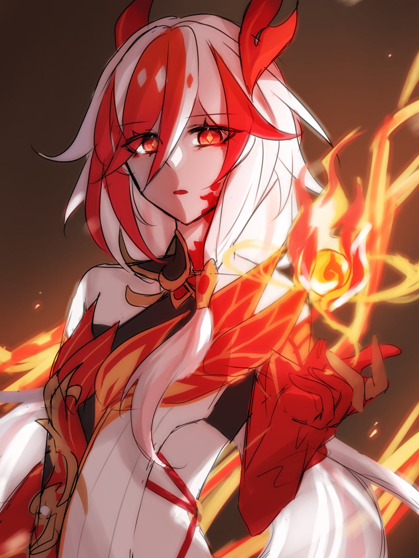 1girl, bare_shoulders, chinese_clothes, commentary_request, diamond-shaped_pupils, diamond_(shape), fire, fu_hua
