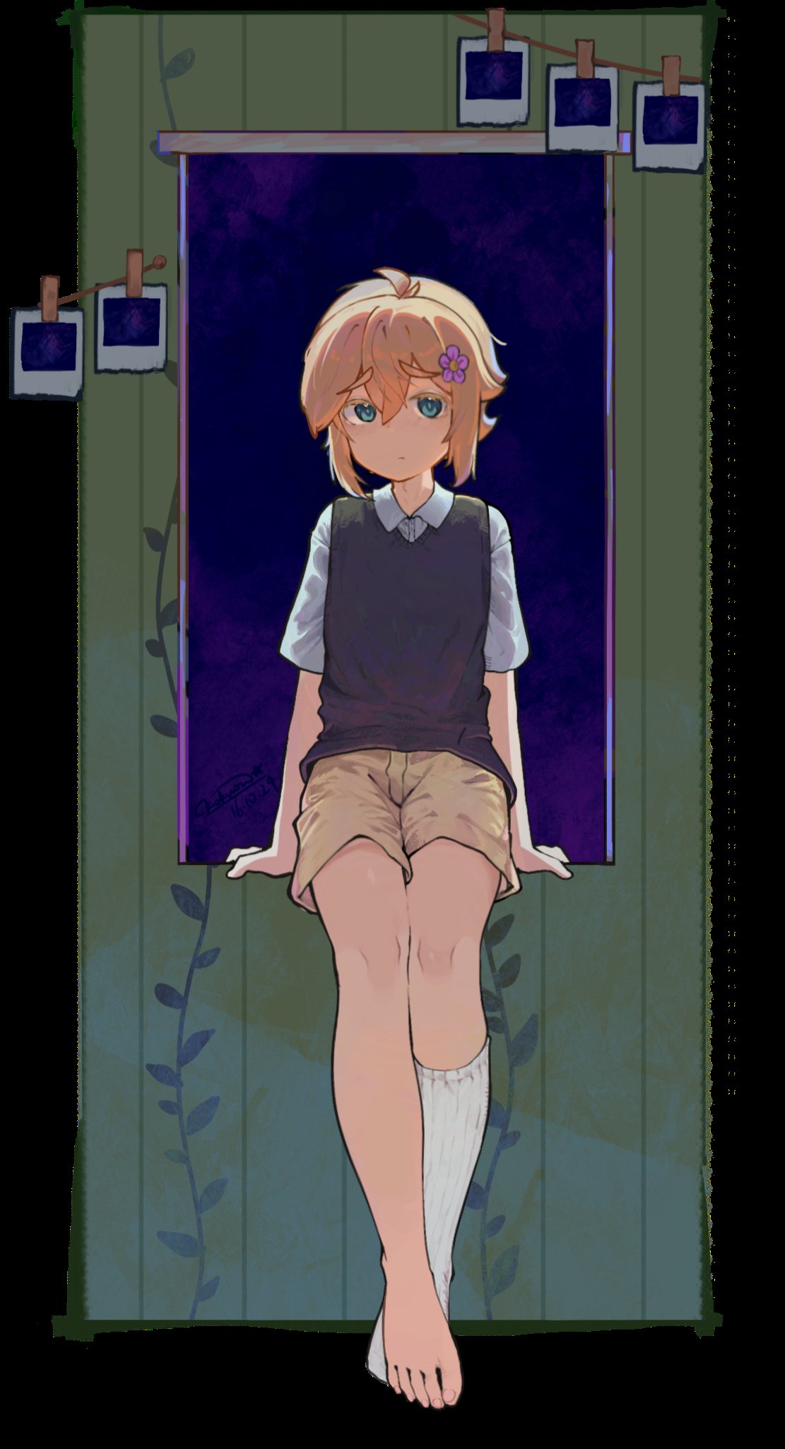 1boy, basil_(faraway)_(omori), basil_(omori), blonde_hair, blue_eyes, brown_shorts, closed_mouth, clothes_pin