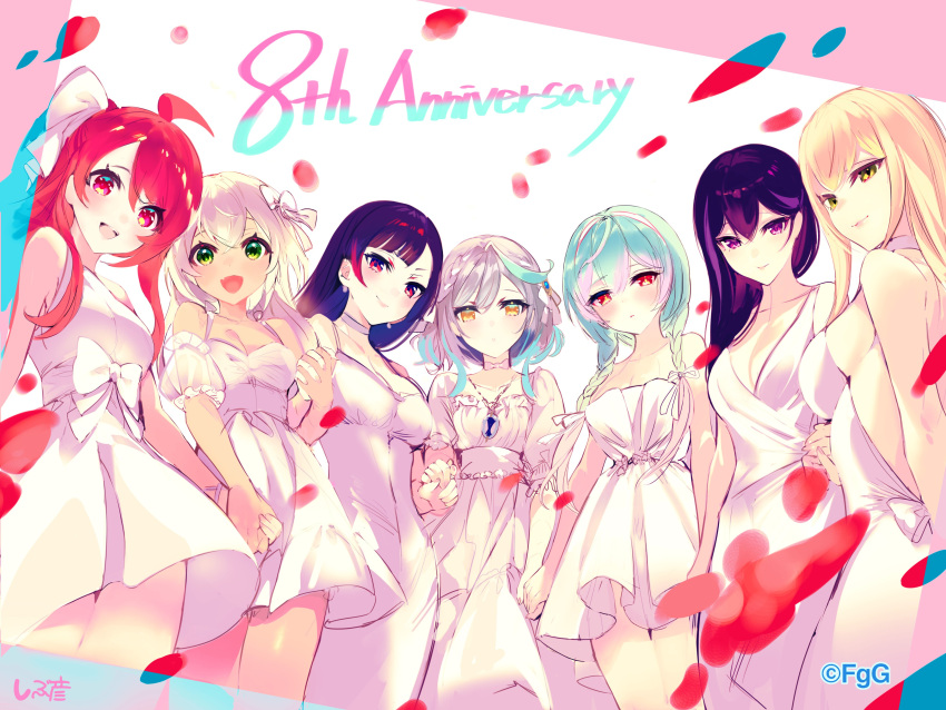 6+girls, :d, absurdres, ahoge, anniversary, black_hair, blonde_hair, braid