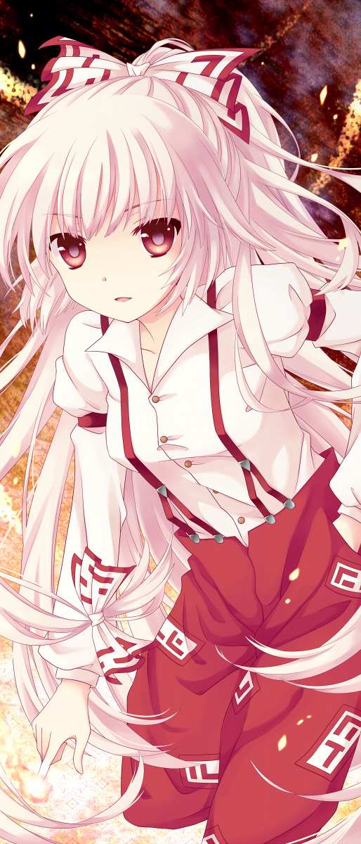 bow, fujiwara_no_mokou, hair_bow, hair_ribbon, highres, kai_akatsuki_mare, kai_aki, long_hair, pants, red_eyes, ribbon, silver_hair, solo, suspenders, touhou