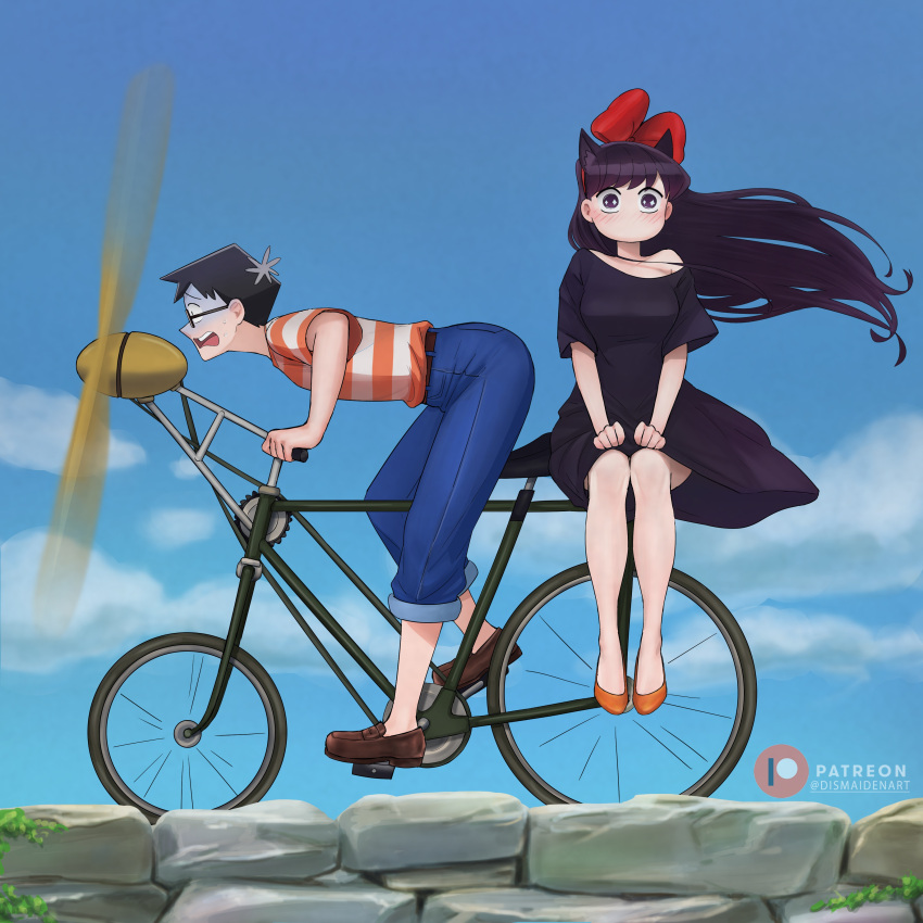 1boy, 1girl, absurdres, bicycle, black_dress, black_hair, blue_sky, bow