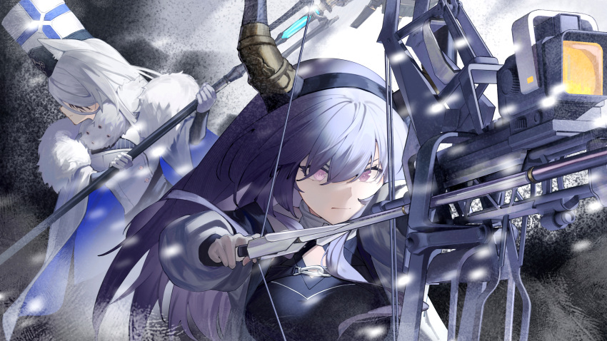 2girls, 9_vcat, absurdres, animal_ears, arknights, arrow_(projectile), black_hairband, black_horns