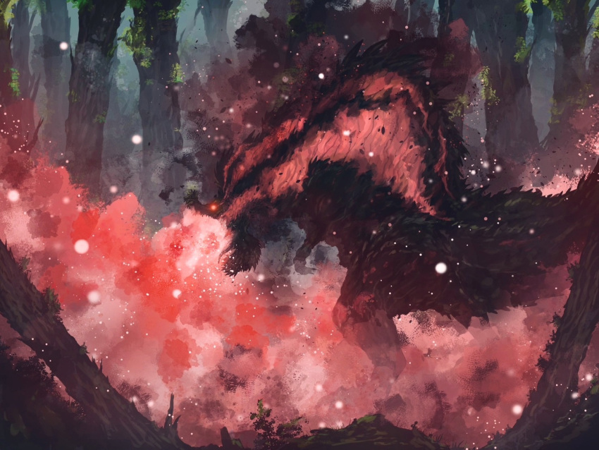 breath_weapon, deviljho, dinosaur, forest, glowing, glowing_eye, glowing_eyes, monster