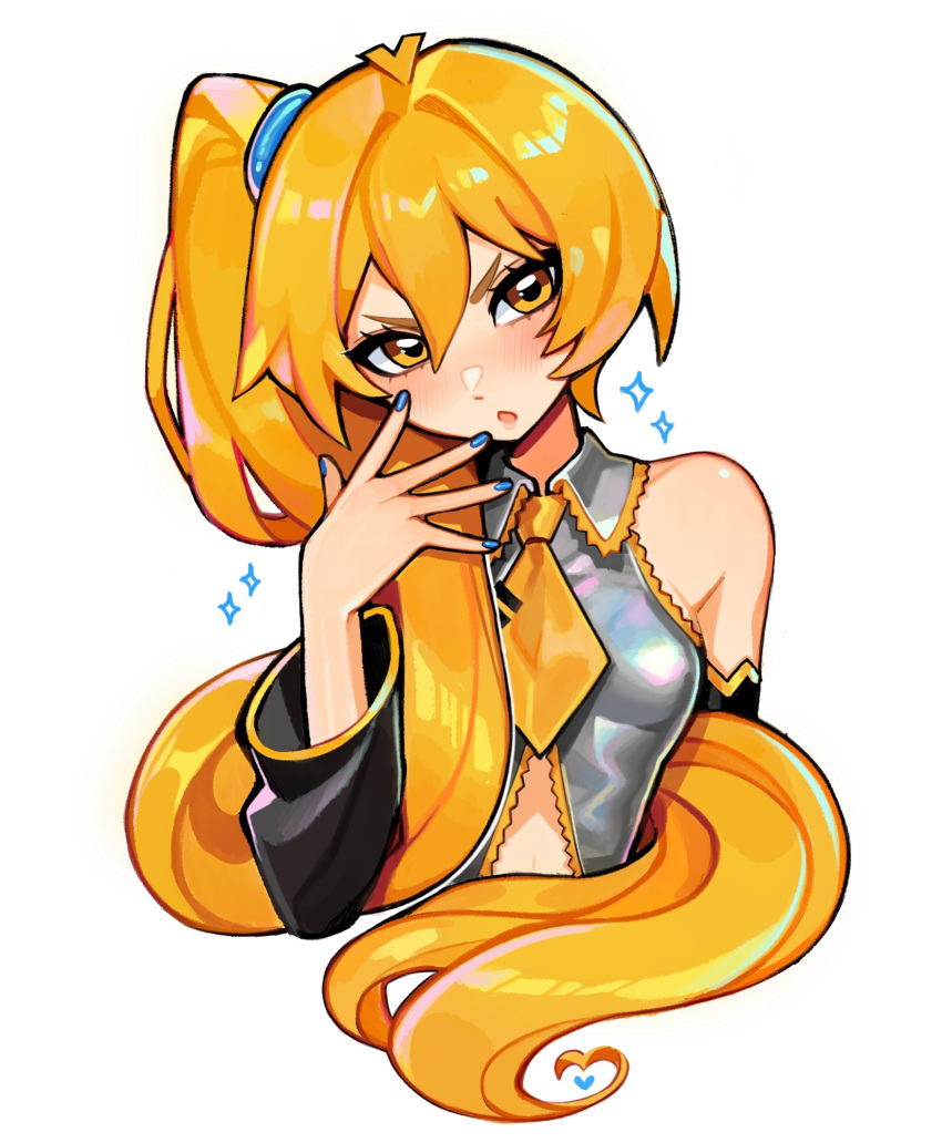 1girl, :o, akita_neru, bare_shoulders, black_sleeves, blonde_hair, blue_nails, blush