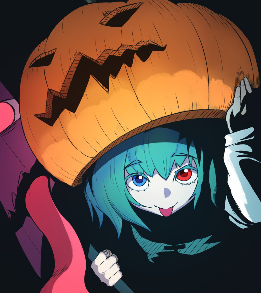 4rdilla, black_background, blue_eyes, blue_hair, blue_vest, halloween, heterochromia, highres
