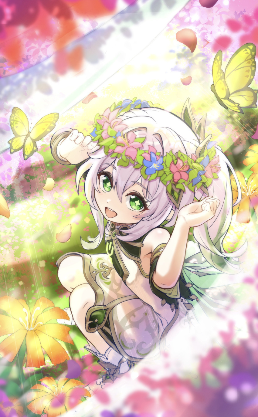 1girl, :d, absurdres, bare_shoulders, blue_flower, bracelet, bug, butterfly
