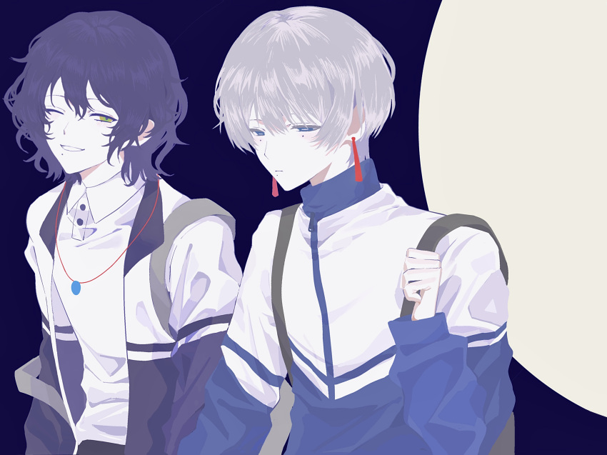 2boys, absurdres, axiang217, backpack, bag, black_bag, blue_eyes, blue_hair