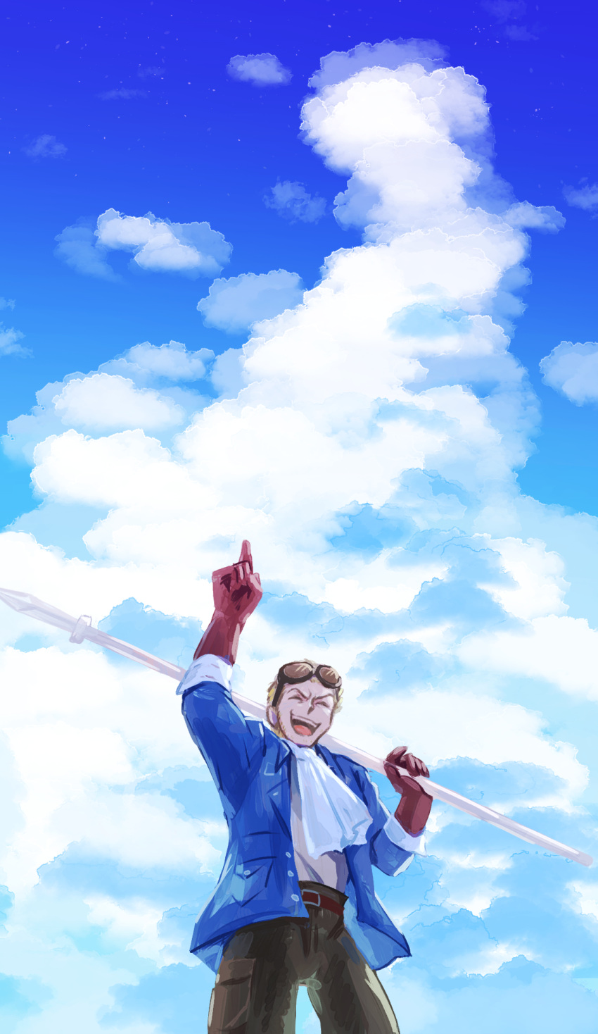 1boy, arm_up, ascot, az_(pixiv_108058292), belt, belt_buckle, blonde_hair, blue_jacket