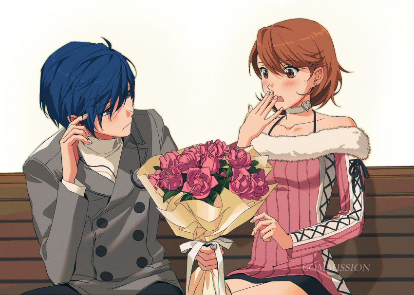 1boy, 1girl, bare_shoulders, bench, black_skirt, blue_eyes, blue_hair, blush