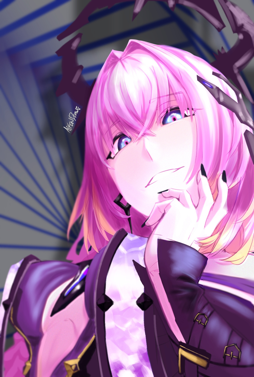 1girl, aikendraw, blue_eyes, crossed_bangs, earrings, highres, ishmael_(pgr), jewelry, looking_at_viewer, parted_lips, pink_hair, pink_pupils, punishing:_gray_raven, solo