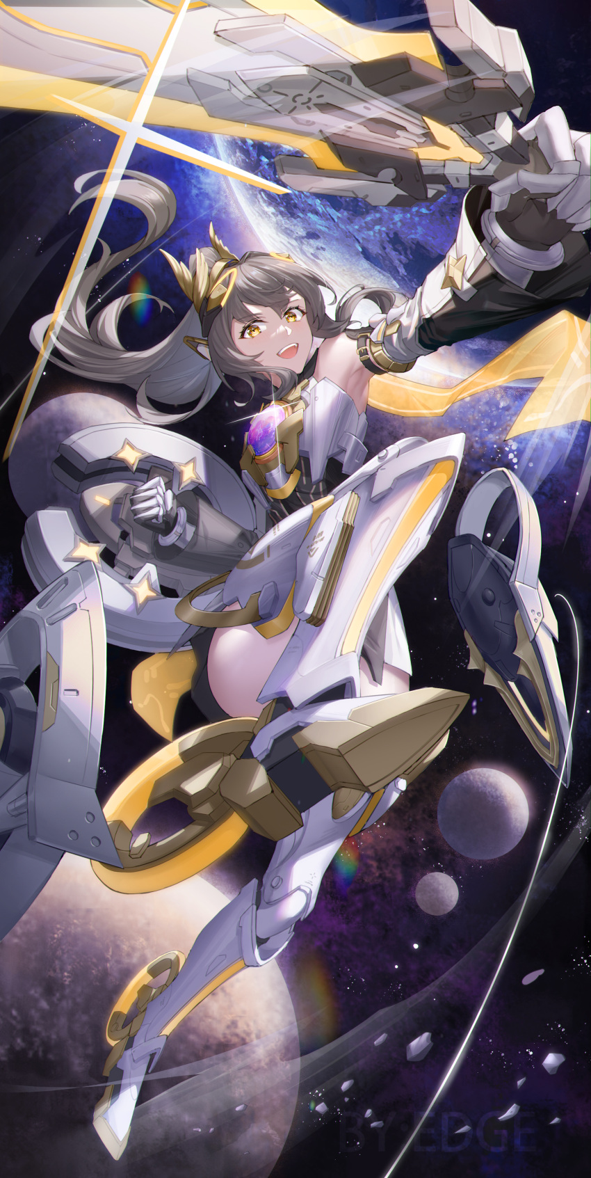 1girl, absurdres, detached_sleeves, edge_edge, grey_hair, highres, holding, holding_shield
