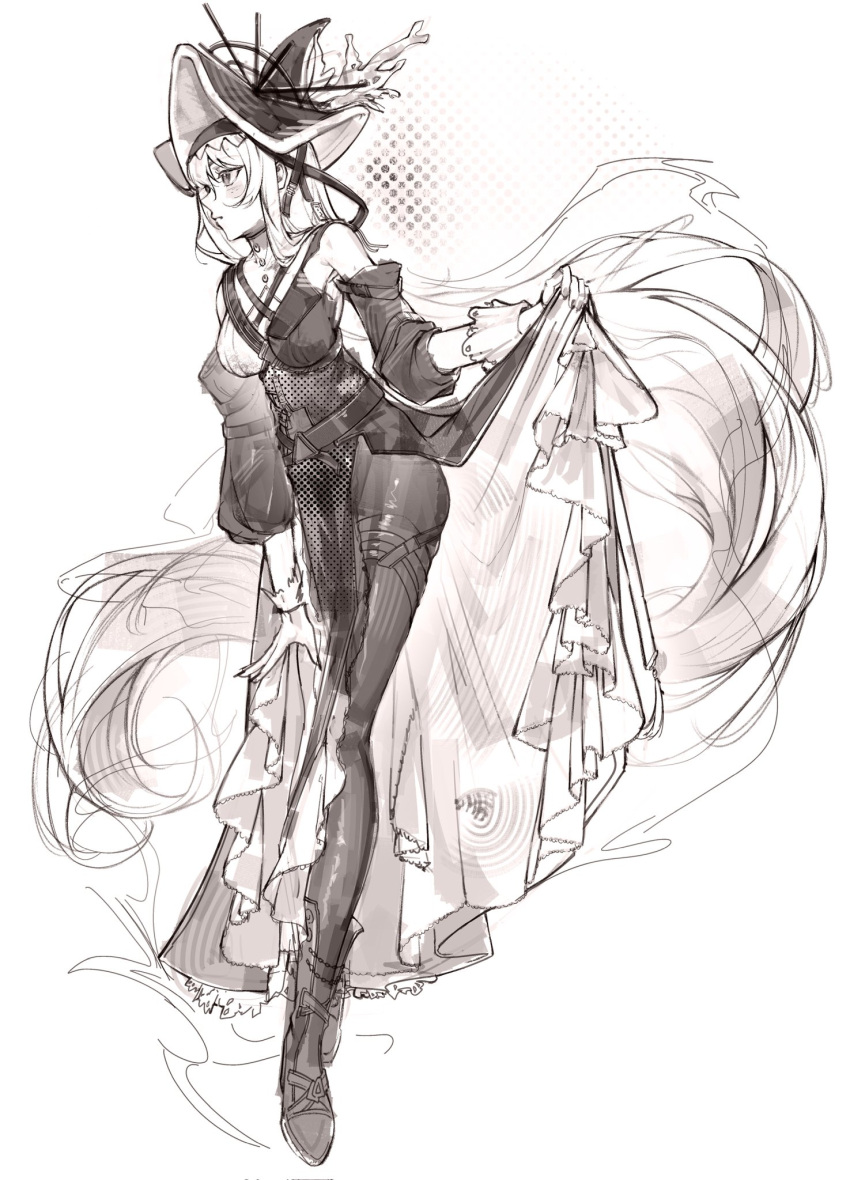 1girl, arknights, bare_shoulders, brown_theme, closed_mouth, commentary, corrupted_twitter_file, detached_sleeves