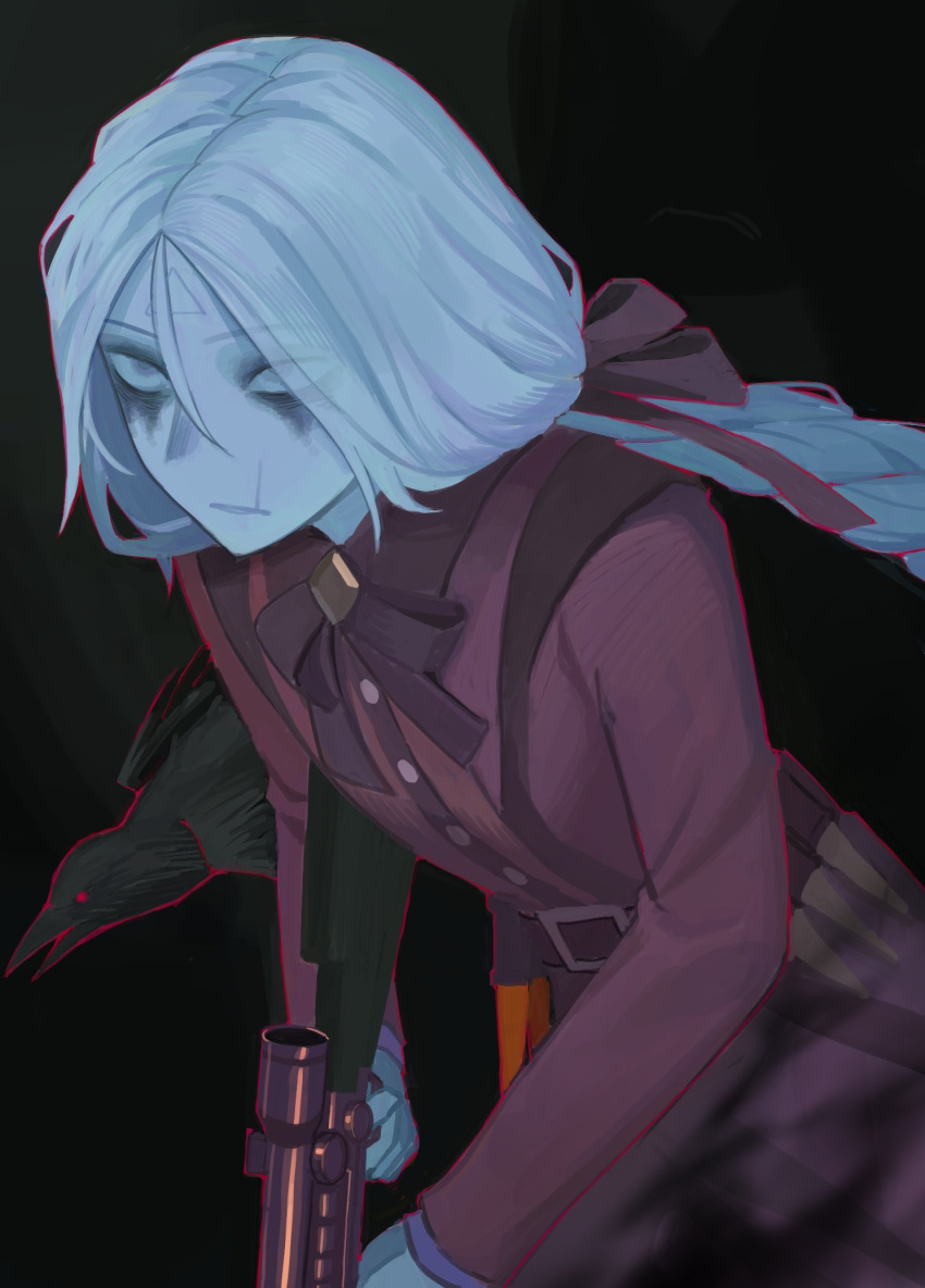 1girl, blue_eyes, blue_hair, blue_skin, bow, braid, colored_skin, deadlock_(game), dress, facial_mark, forehead_mark, gun, hair_bow, highres, holding, holding_gun, holding_weapon, long2bird, red_dress, rifle, sniper_rifle, solo, vindicta_(deadlock), weapon