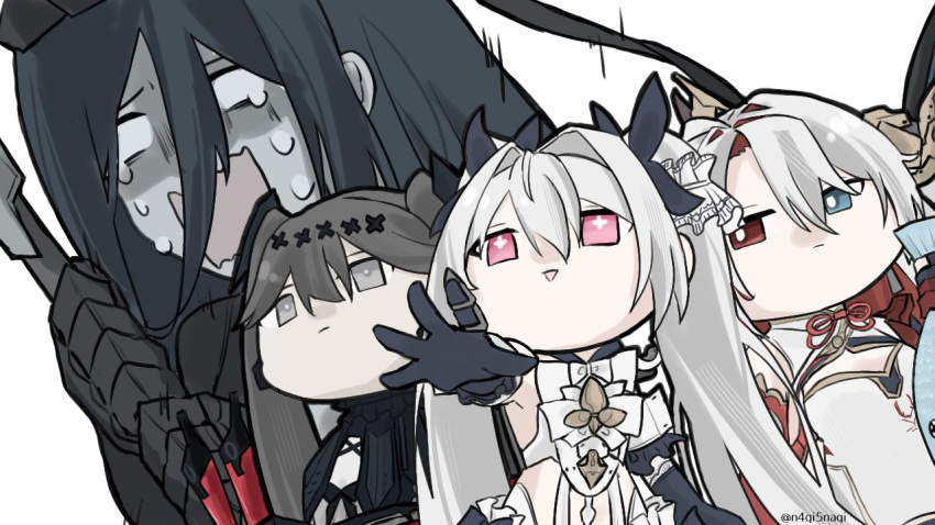 4girls, alpha_(pgr), black_dress, black_gloves, black_hair, black_ribbon, blue_eyes, character_request