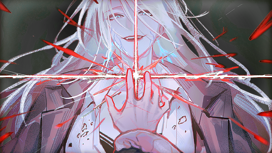 1girl, 1other, aiwairanai, black_coat, blonde_hair, blue_eyes, body_markings, casting_spell, chief_(path_to_nowhere), coat, coat_on_shoulders, collared_shirt, commentary, fangs, hair_between_eyes, hashtag-only_commentary, holding_another's_wrist, lens_flare, long_hair, looking_at_viewer, open_mouth, path_to_nowhere, pov, shirt, smile, straight-on, suspect_r_(path_to_nowhere), teeth, upper_teeth_only, white_shirt