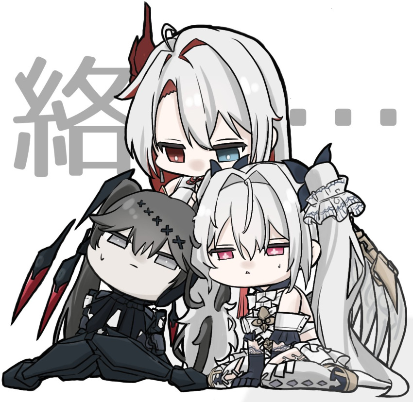 3girls, alpha_(pgr), asymmetrical_bangs, black_dress, black_gloves, black_ribbon, blue_eyes, character_request