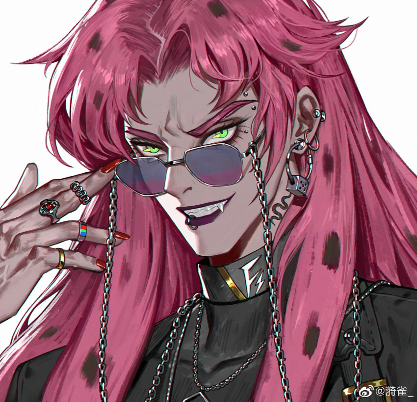 1boy, adjusting_eyewear, bag, belt, belt_buckle, black_belt, black_shirt, buckle, chain, chain_necklace, character_request, chinese_commentary, collared_shirt, commentary_request, diavolo, dice_earrings, ear_piercing, earrings, eye_piercing, eyelashes, fang, fang_out, fass_(weibo_7305677554), forehead_piercing, furrowed_brow, gold_ring, green_eyes, grey-framed_eyewear, grin, hand_on_eyewear, highres, hoop_earrings, jewelry, jojo_no_kimyou_na_bouken, lip_piercing, lipstick, long_hair, makeup, male_focus, multiple_earrings, multiple_piercings, multiple_rings, nail_polish, necklace, necktie, pale_skin, parted_bangs, piercing, pink_hair, purple-tinted_eyewear, purple_lips, red_necktie, ring, sharp_teeth, shirt, shoulder_bag, sidelocks, simple_background, smile, solo, sunglasses, teeth, thick_eyebrows, tinted_eyewear, upper_body, weibo_watermark, white_background