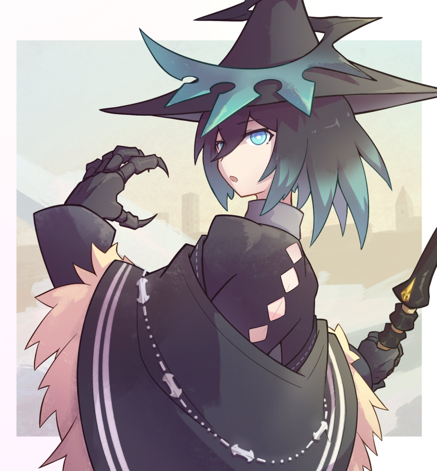 1girl, black_hair, black_hat, black_rock_shooter, black_rock_shooter_arcana, blue_eyes, crossed_bangs, elder_caster