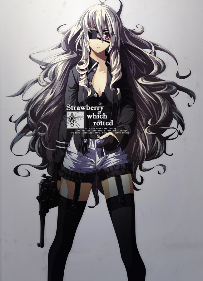 black_thighhighs, breasts, cigarette, cleavage, cocked_hammer, engrish, eyepatch, garter_belt