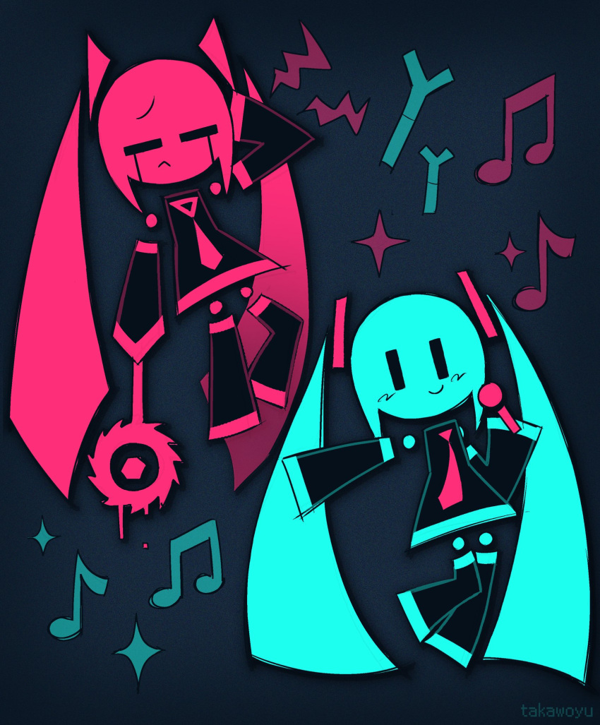 2girls, :<, =_=, alternate_color, artist_name, circular_saw, closed_eyes, closed_mouth, cyan_hair, dress, hand_on_own_head, hatsune_miku, highres, holding, holding_microphone, holding_saw, just_shapes_&amp;_beats, long_hair, microphone, multiple_girls, musical_note, necktie, parody, pink_necktie, saw, shapes, smile, spring_onion, style_parody, takawoyu, twintails, vocaloid, |_|