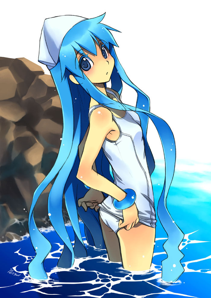 artist_request, blue_eyes, blue_hair, blush, body_blush, bracelet, hat, ikamusume