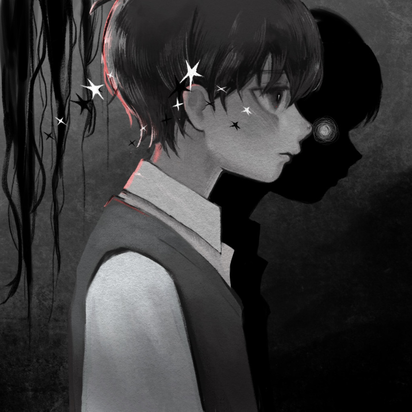 1boy, closed_mouth, collared_shirt, greyscale, highres, male_focus, monochrome, omori, shirt, short_hair, sleep_dog_s, solo, sunny_(omori), sweater_vest, upper_body