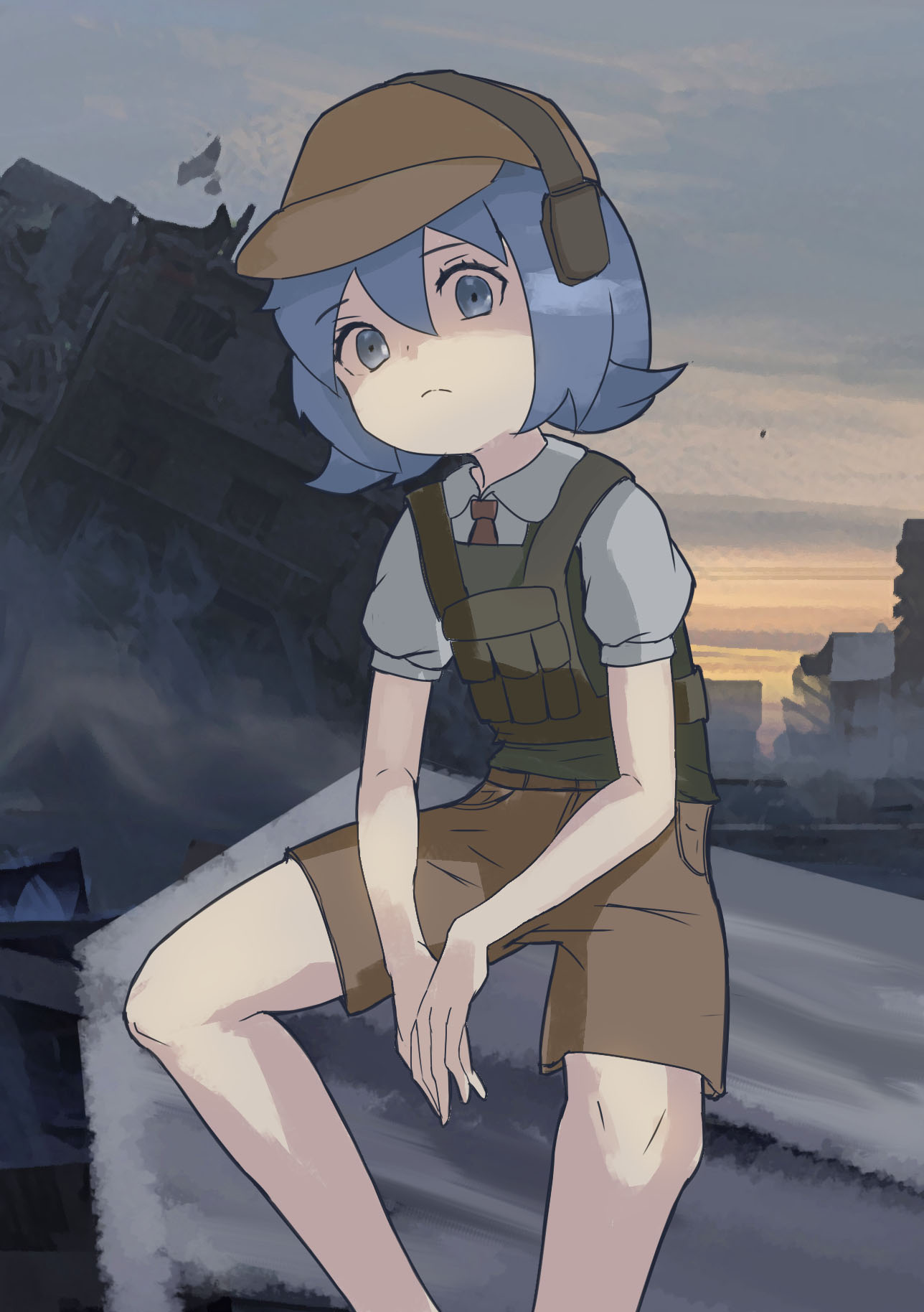 1boy, baseball_cap, blue_eyes, blue_hair, brown_hat, brown_shorts, bulletproof_vest, chinese_commentary