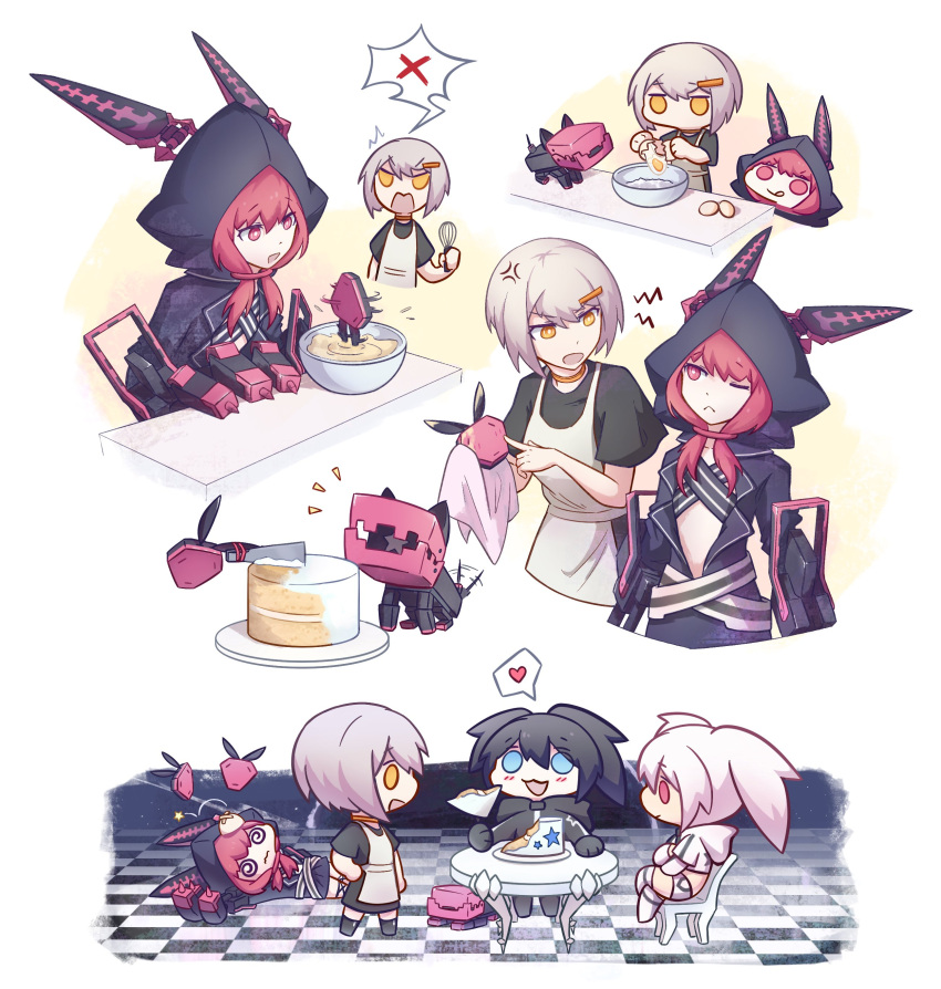 3girls, absurdres, animal_hood, baking, black_jacket, black_rock_shooter, black_rock_shooter_(character), black_rock_shooter_(game)