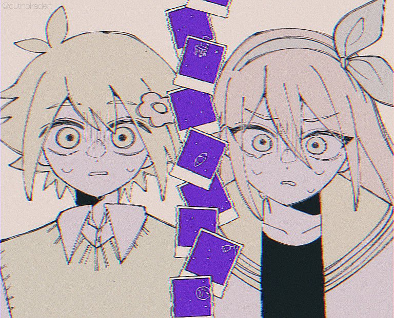 1boy, 1girl, aubrey_(faraway)_(omori), aubrey_(omori), basil_(faraway)_(omori), basil_(omori), collared_shirt, crying, crying_with_eyes_open, flower, hair_flower, hair_ornament, hairband, jacket, long_hair, omori, outinokaden, parted_lips, photo_(object), shirt, short_hair, sweater_vest, tears