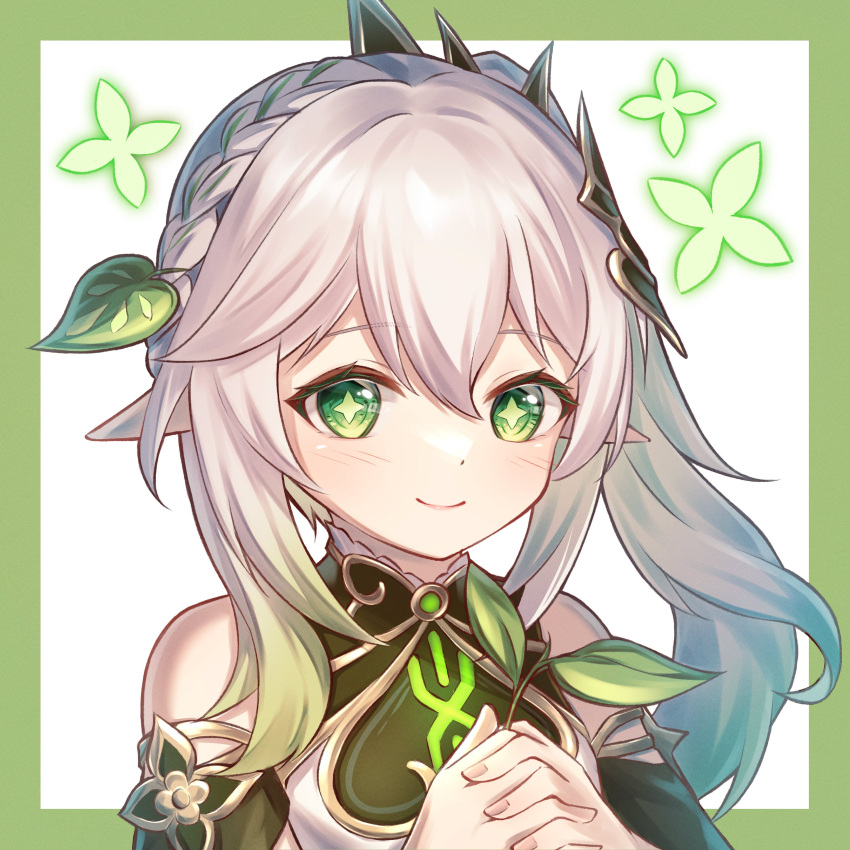 1girl, absurdres, bare_shoulders, blush, border, bracelet, closed_mouth, commentary_request
