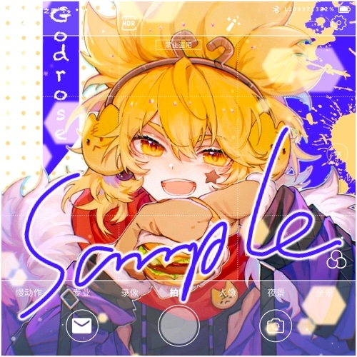 1boy, animal_earmuffs, aotu_world, black_shirt, blonde_hair, border, burger, character_name