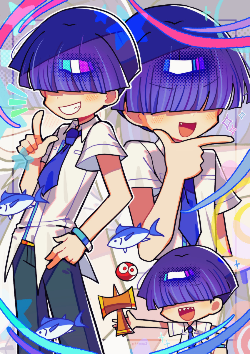 1boy, absurdres, black_pants, blue_necktie, blush, chibi, collared_shirt, fang