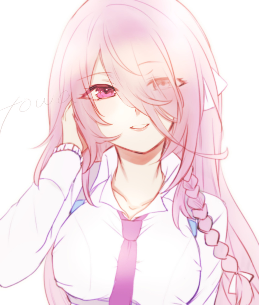 1girl, absurdres, artist_name, braid, breasts, commentary_request, elysia_(honkai_impact), elysia_(office_lady)_(honkai_impact)