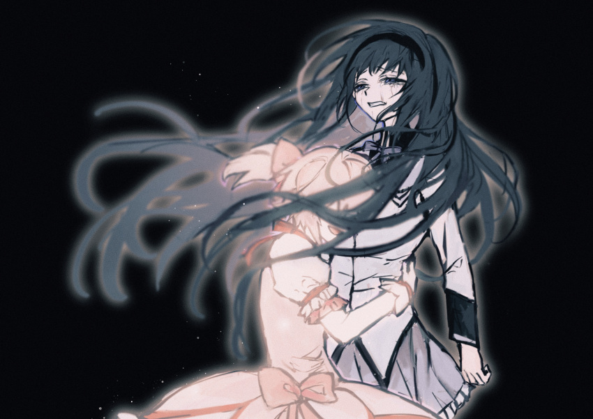 2girls, absurdres, akemi_homura, akemi_homura_(magical_girl), black_background, black_hair, black_hairband, blue_eyes