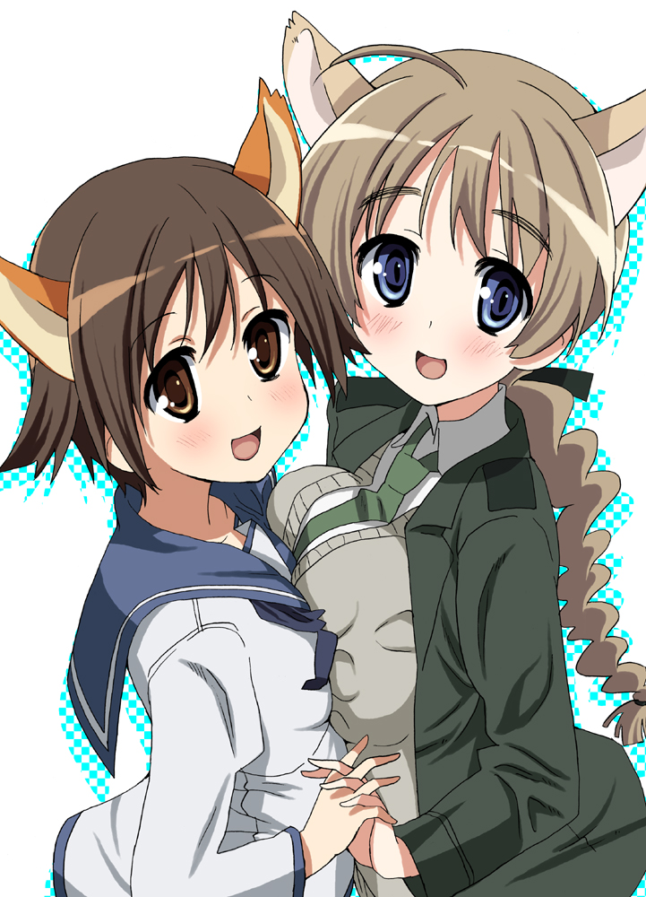 ahoge, animal_ears, asymmetrical_docking, blue_eyes, braid, breast_press, breasts, brown_eyes