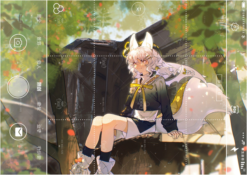 1girl, absurdres, animal_ears, black_jacket, black_socks, bow, brooch, chinese_commentary, closed_mouth, commentary_request, commission, day, fox_ears, fox_girl, fox_tail, hair_ornament, hairclip, highres, huang_wei_yuan_ye, jacket, jewelry, long_hair, long_sleeves, neck_ribbon, orange_bow, original, outdoors, ribbon, shirt, shorts, sitting, smile, socks, solo, tail, too_many_watermarks, white_hair, white_shirt, white_shorts, white_wings, wings, yellow_ribbon