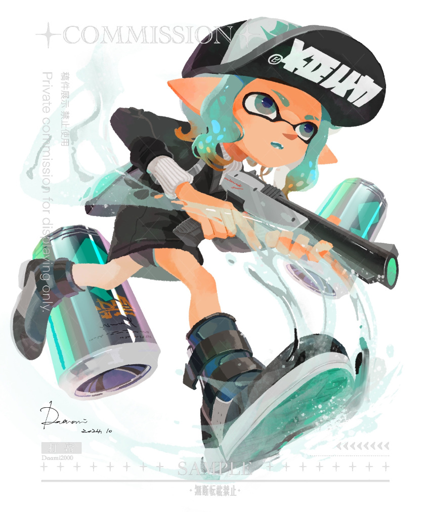 1boy, absurdres, aqua_hair, baseball_cap, can, commission, daami_(daami2000), drink_can