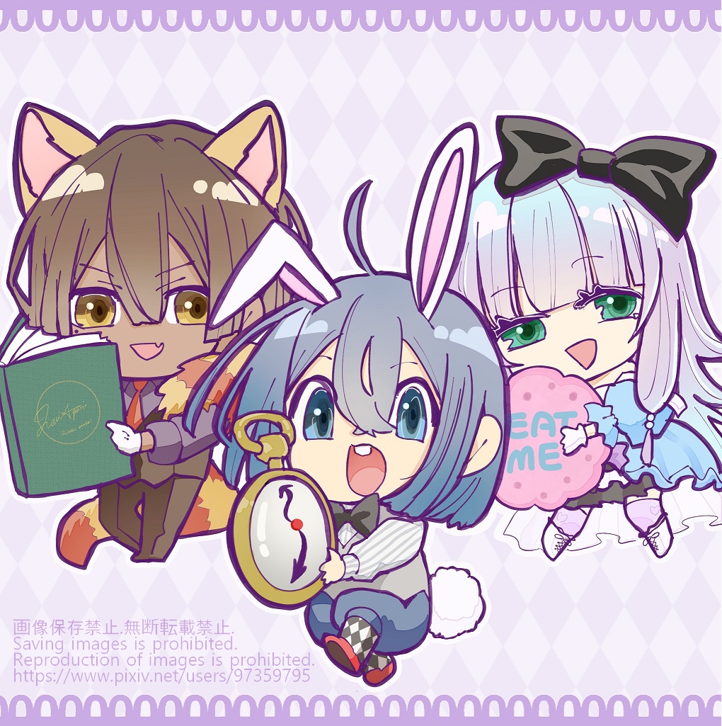 1girl, 2boys, ahoge, alice_(alice_in_wonderland), alice_(alice_in_wonderland)_(cosplay), alice_in_wonderland, animal_ears, argyle_background, argyle_clothes, argyle_socks, ars_louvent, black_ribbon, black_skirt, blue_dress, blue_hair, book, brown_eyes, brown_hair, charlotte_wraith, chibi, cosplay, dress, eat_me, english_text, fang, fox_ears, fox_tail, full_body, gloves, green_hair, grey_vest, hair_ribbon, holding, holding_book, holding_pocket_watch, looking_at_viewer, multiple_boys, necktie, open_mouth, orange_necktie, oversized_object, pink_socks, pocket_watch, rabbit_ears, ribbon, rietz_muses, shirt, signature, skin_fang, skirt, smile, socks, striped_clothes, striped_shirt, tail, tensei_kizoku_kantei_skill_de_nariagaru, user_tfpu4428, vest, watch, white_gloves, white_rabbit_(alice_in_wonderland), white_rabbit_(alice_in_wonderland)_(cosplay)