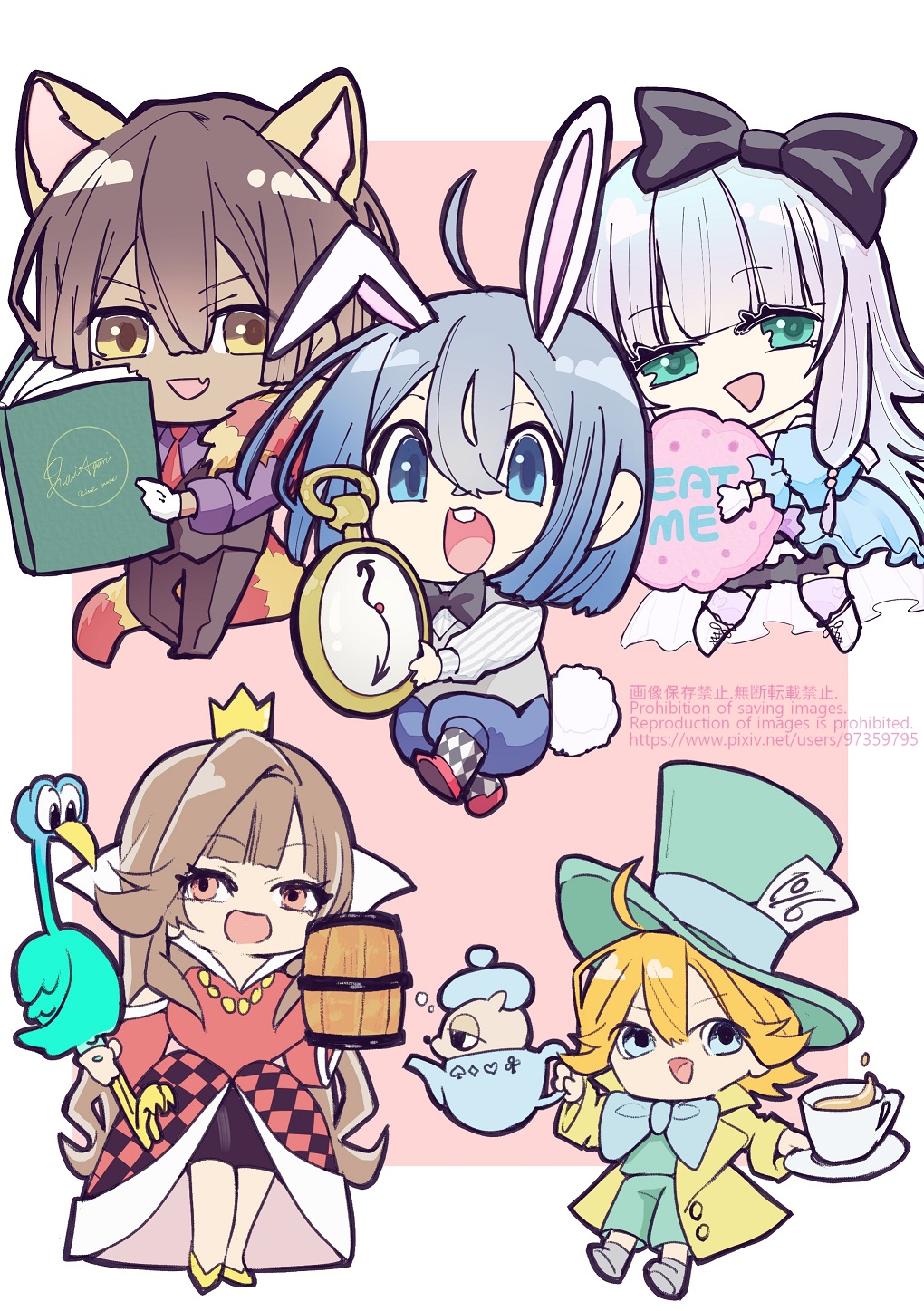 2girls, 3boys, ahoge, alice_(alice_in_wonderland), alice_(alice_in_wonderland)_(cosplay), alice_in_wonderland, animal_ears, argyle_background