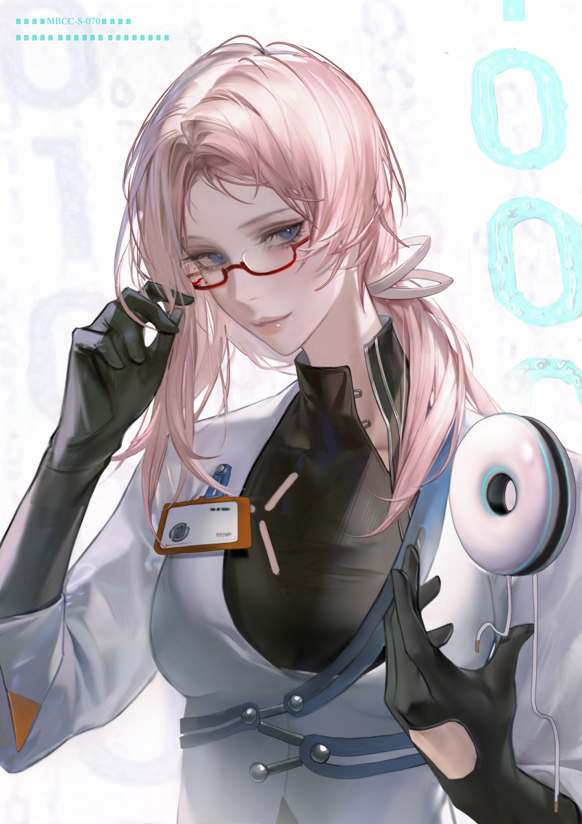1girl, absurdres, adjusting_eyewear, binary, black_gloves, blue_eyes, breasts, chinese_commentary, commentary, covered_collarbone, elbow_gloves, glove_cutout, gloves, highres, id_card, jacket, long_hair, looking_at_viewer, medium_breasts, moore_(path_to_nowhere), object_floating_above_hand, parted_bangs, path_to_nowhere, pink_hair, red-framed_eyewear, semi-rimless_eyewear, sideways_glance, smile, solo, turtleneck, upper_body, white_background, white_jacket, zhishi_yuyuanqiu